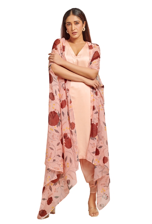 Peach suit set with printed cape set