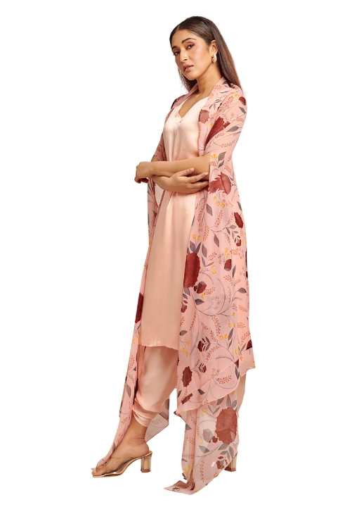 Peach suit set with printed cape set