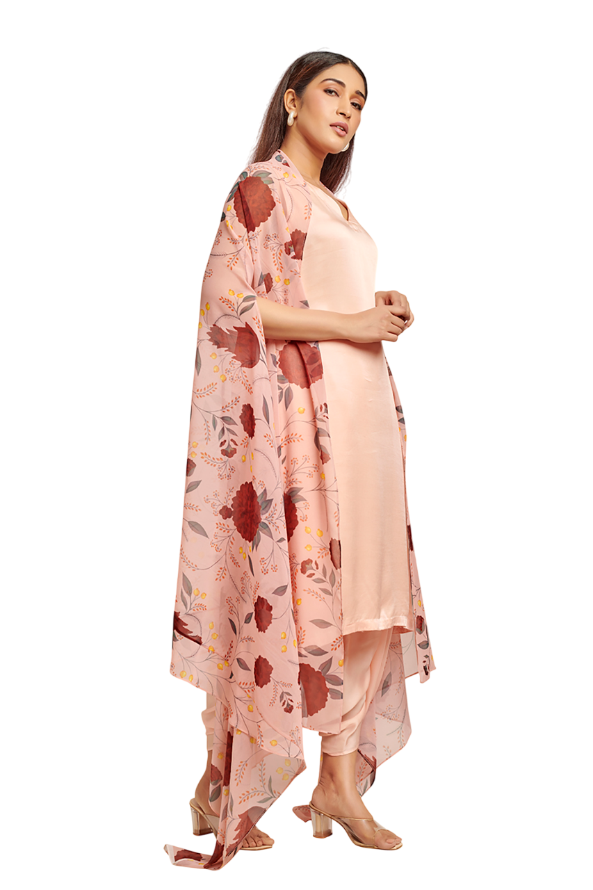 Peach suit set with printed cape set