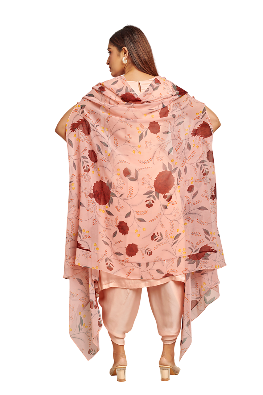 Peach suit set with printed cape set