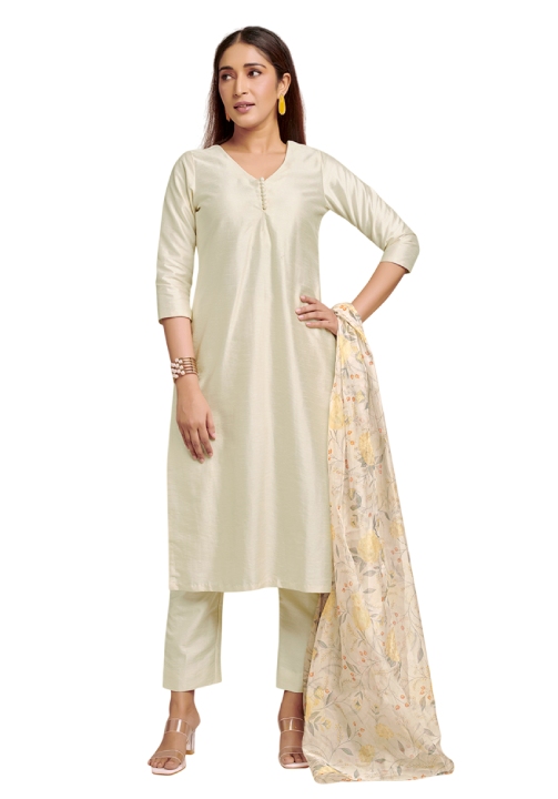 ivory kurta set with printed organza dupatta