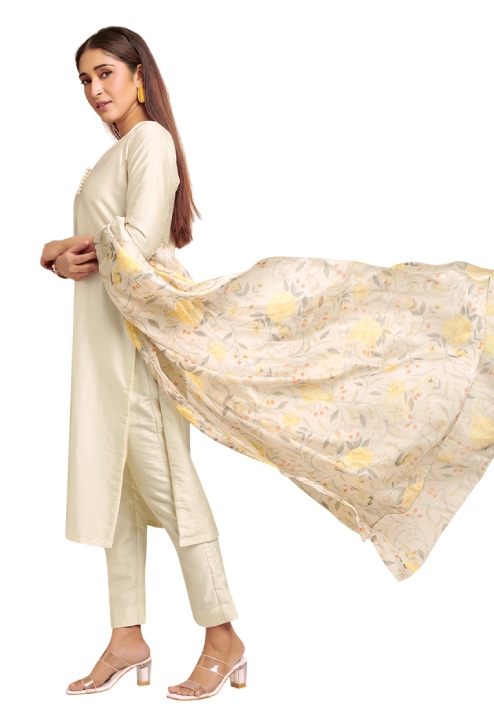 ivory kurta set with printed organza dupatta