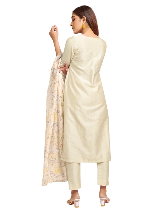 ivory kurta set with printed organza dupatta