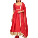 Red cotton anarkali with pants and dupatta