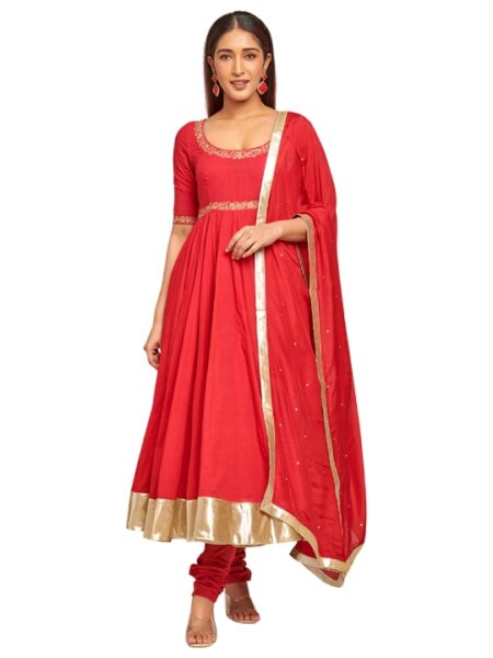 Red cotton anarkali with pants and dupatta