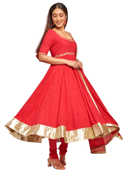 Red cotton anarkali with pants and dupatta