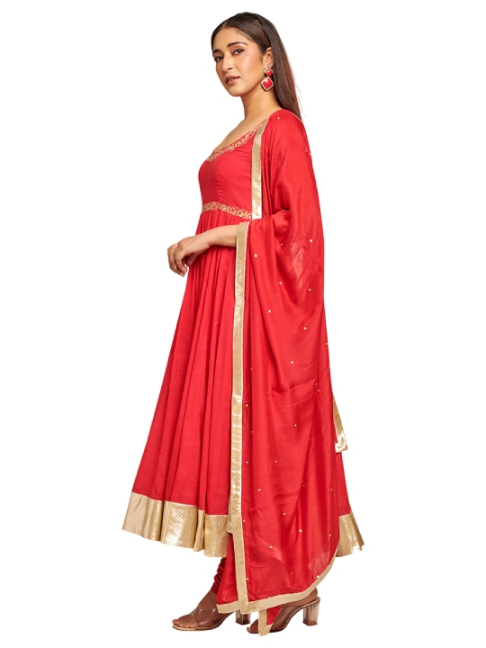 Red cotton anarkali with pants and dupatta