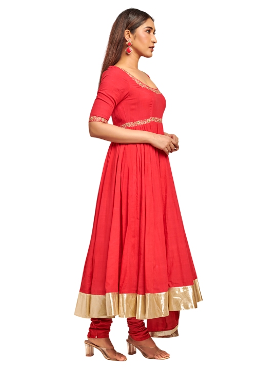 Red cotton anarkali with pants and dupatta
