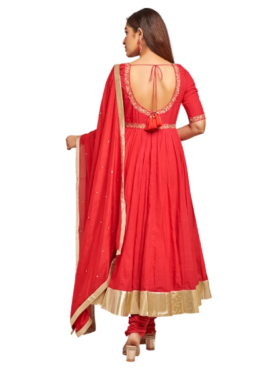 Red cotton anarkali with pants and dupatta