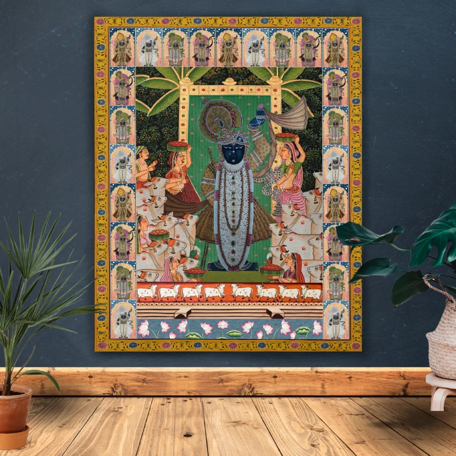 SHREENATHJI WITH COWS AND GOPIS TRADITIONAL PAINTING