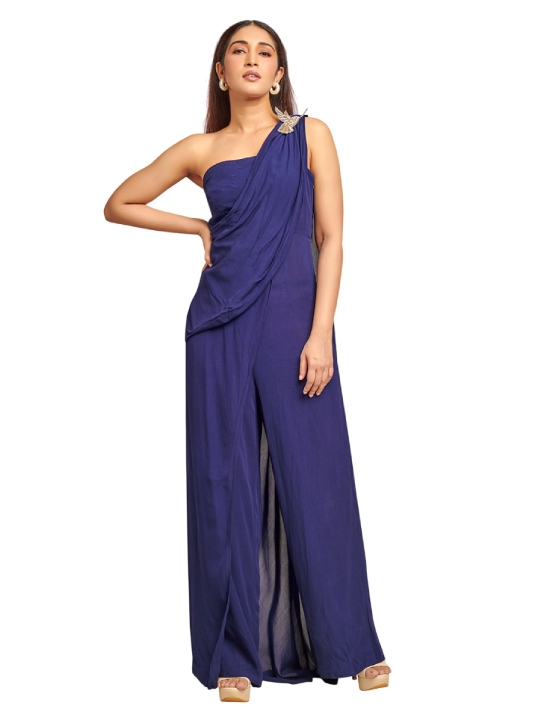 Dark Blue Georgette One-Shoulder Jumpsuit