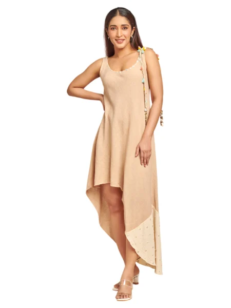 Brown Assymetric Dress with Button Details