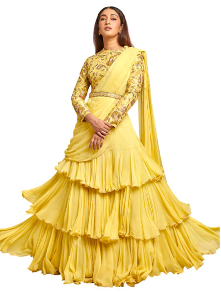 yellow embroidered ruffle drape saree