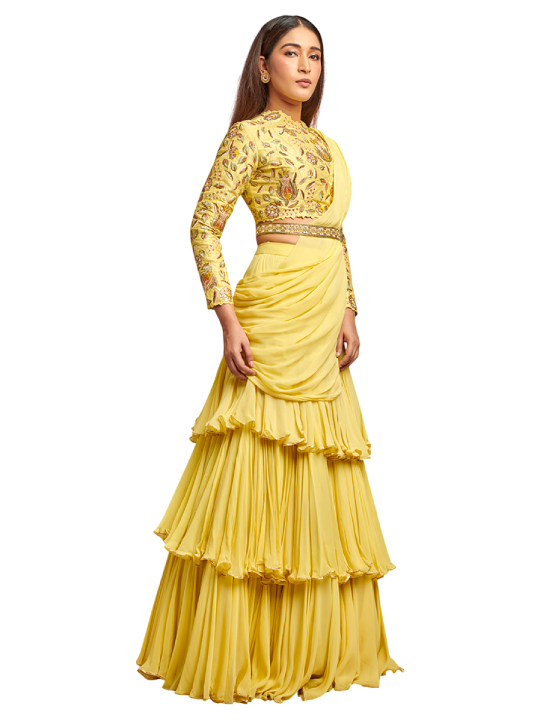 yellow embroidered ruffle drape saree