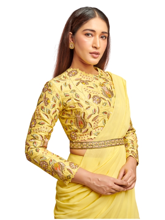 yellow embroidered ruffle drape saree