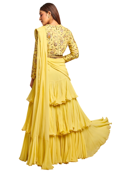 yellow embroidered ruffle drape saree