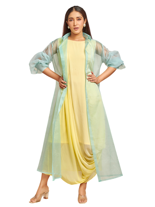 Yellow Drape Dress with Light Blue Organza Jacket