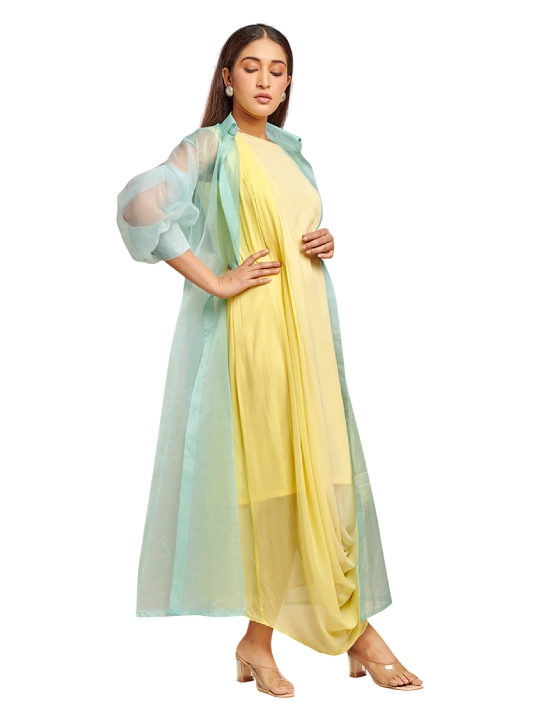 Yellow Drape Dress with Light Blue Organza Jacket