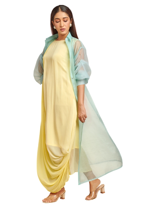 Yellow Drape Dress with Light Blue Organza Jacket