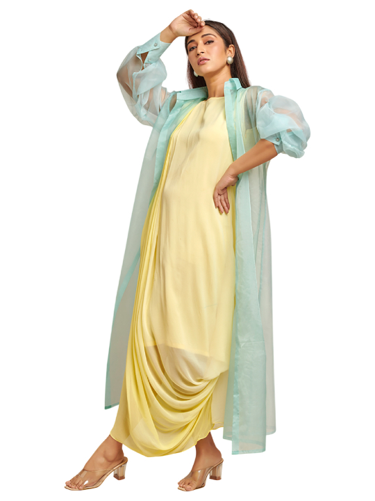 Yellow Drape Dress with Light Blue Organza Jacket