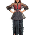 Black and red dhoti set with organza peplum jacket