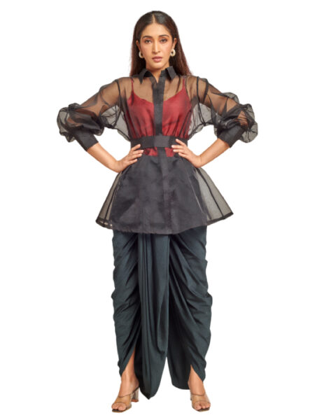 Black and red dhoti set with organza peplum jacket