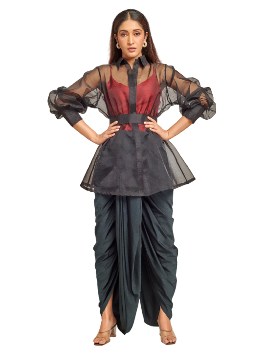 Black and red dhoti set with organza peplum jacket