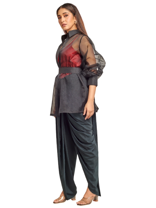Black and red dhoti set with organza peplum jacket
