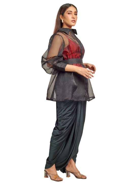 Black and red dhoti set with organza peplum jacket