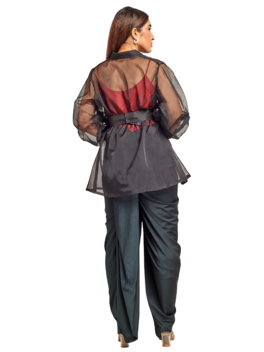 Black and red dhoti set with organza peplum jacket