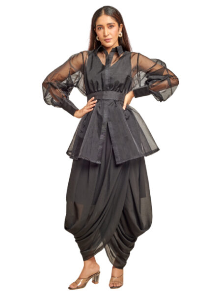 black drape dress with organza peplum jacket