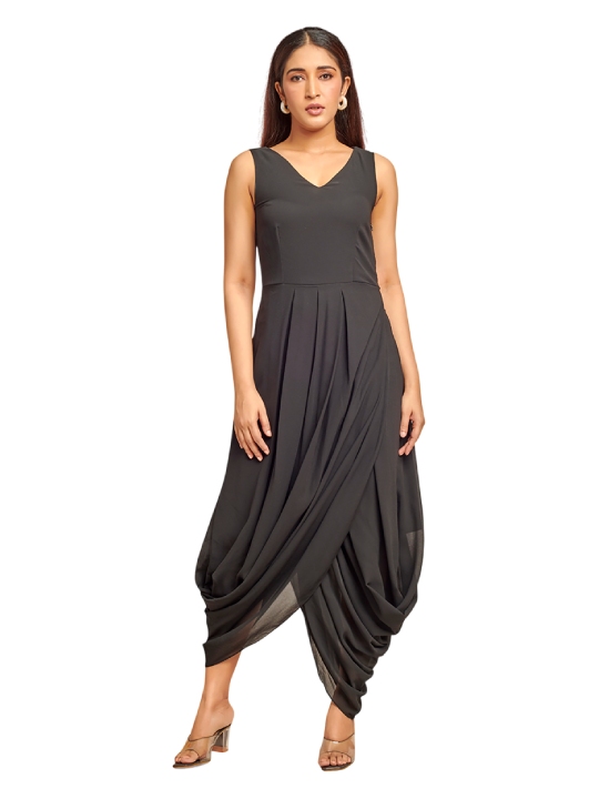 black drape dress with organza peplum jacket