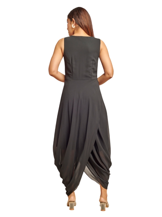 black drape dress with organza peplum jacket