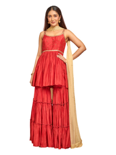 red embroidered shara set with net dupatta