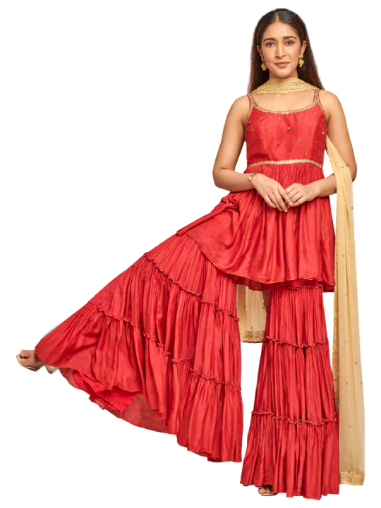 red embroidered shara set with net dupatta