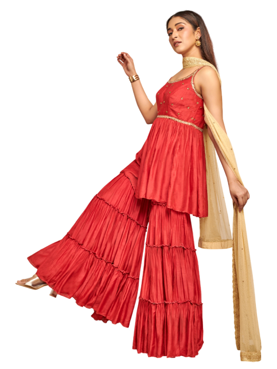 red embroidered shara set with net dupatta