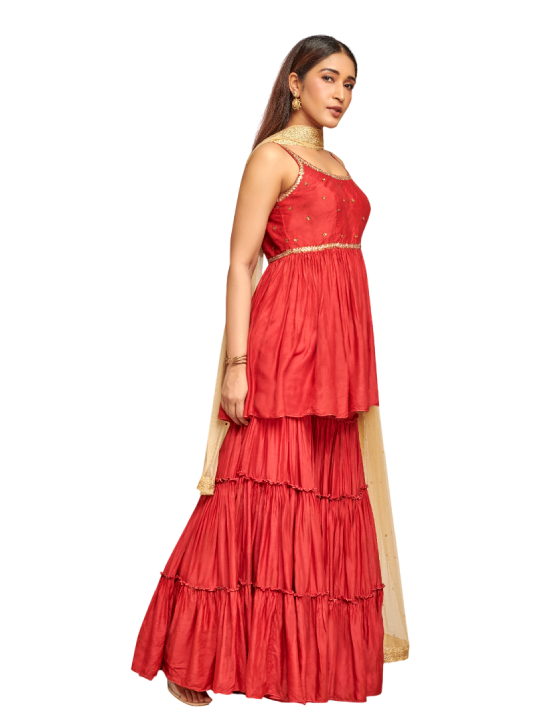 red embroidered shara set with net dupatta