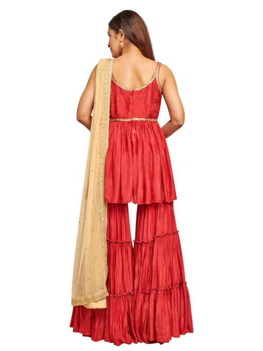 red embroidered shara set with net dupatta