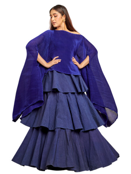 Dark blue pleated drape top with multilayered skirt