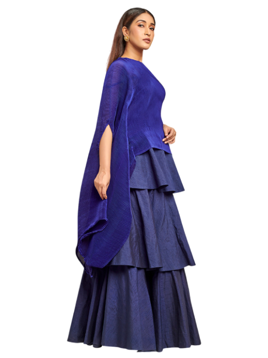 Dark blue pleated drape top with multilayered skirt