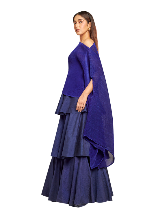 Dark blue pleated drape top with multilayered skirt