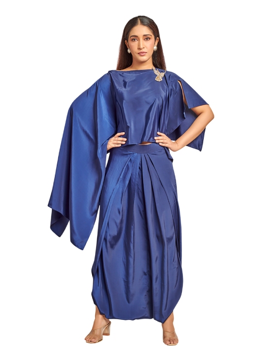 Dark blue Assymetric top with drape skirt