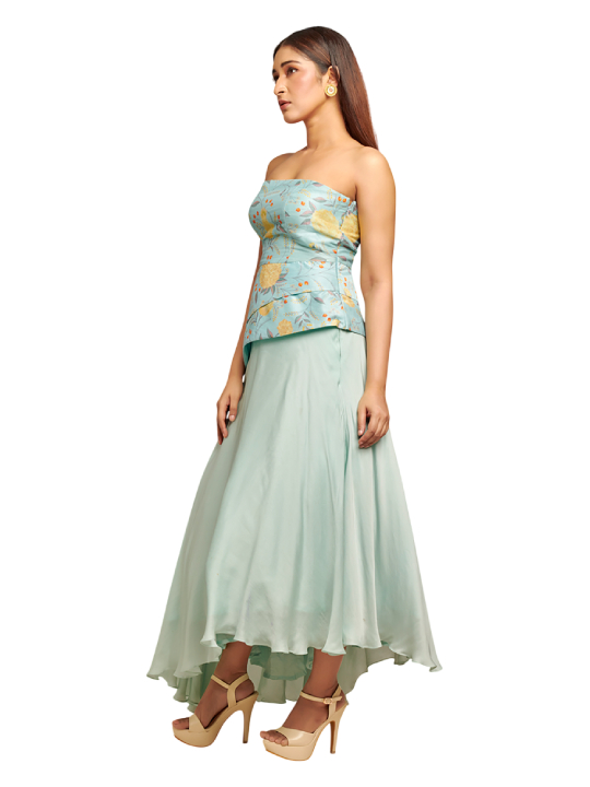 Light Blue Printed Corset Top with Assymetric Skirt