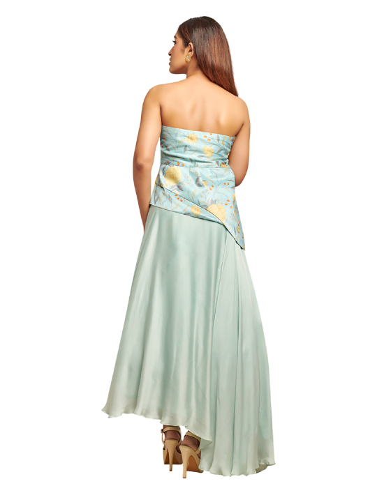 Light Blue Printed Corset Top with Assymetric Skirt