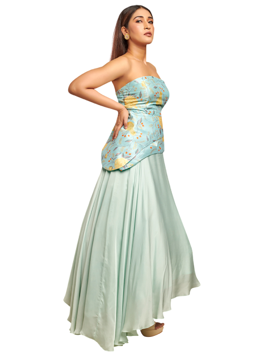 Light Blue Printed Corset Top with Assymetric Skirt