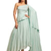 Light blue assymetric drape top with assymetric skirt