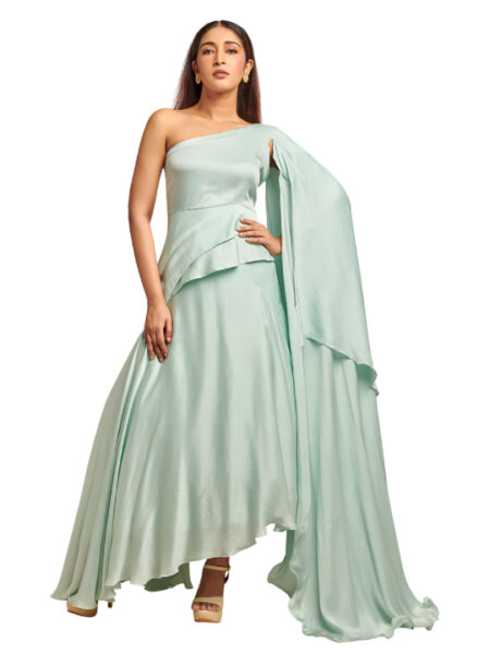 Light blue assymetric drape top with assymetric skirt