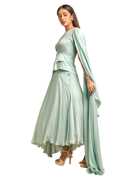 Light blue assymetric drape top with assymetric skirt