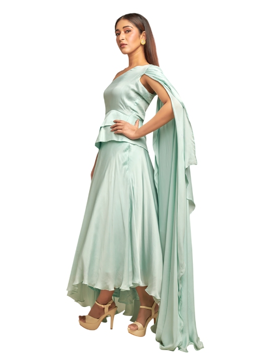Light blue assymetric drape top with assymetric skirt