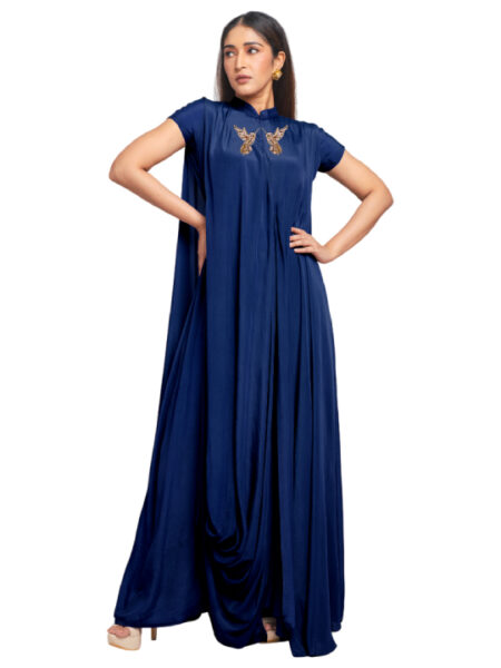 Dark blue drape dress with embroidery detail
